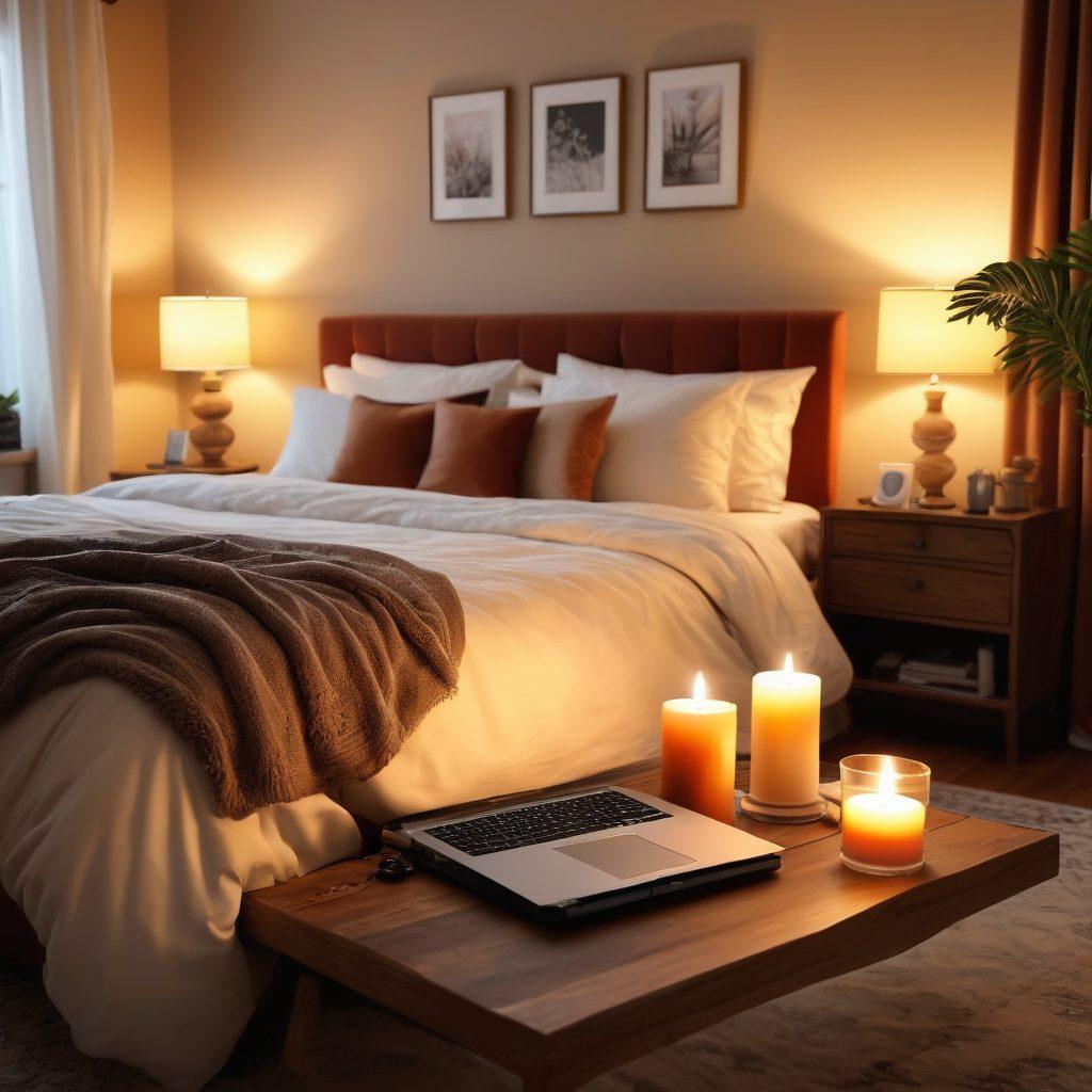A cozy and inviting bedroom scene, with a plush bed adorned with soft linens and mood lighting, accentuated by an open laptop displaying a diverse range of adult content. In the background, intimate decor elements like candles, pillows, and subtle artwork inspire a sense of exploration and comfort. The atmosphere should convey a blend of curiosity and warmth, welcoming the viewer into the world of adult content. super-realistic. warm tones. inviting ambiance.